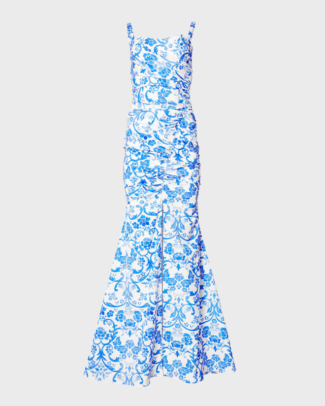 Floral Ruched Slit-Hem Sleeveless Gown
